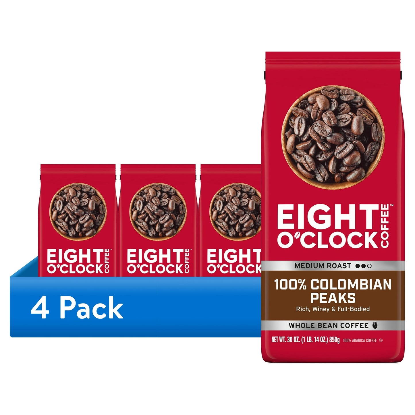 Eight O'Clock Coffee Medium Roast Whole Bean 100% Colombian Peaks Coffee 30 oz