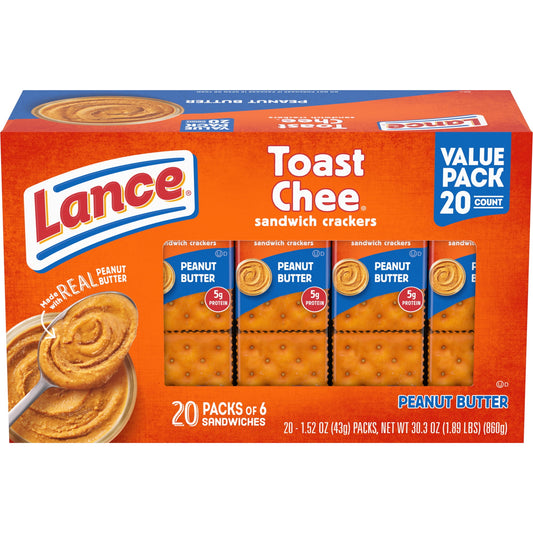 Lance Sandwich Crackers, ToastChee Peanut Butter, 20 Individually Wrapped Packs,