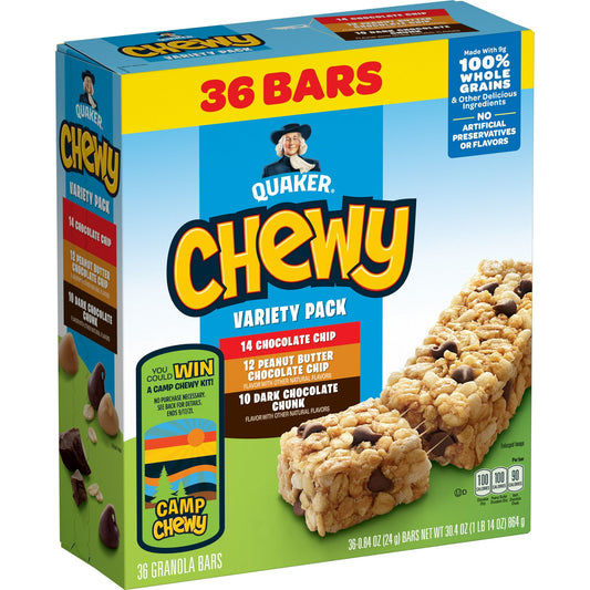 Quaker Chewy Granola Bars, 3 Flavor Variety Pack, 30.4 oz, 36 Count